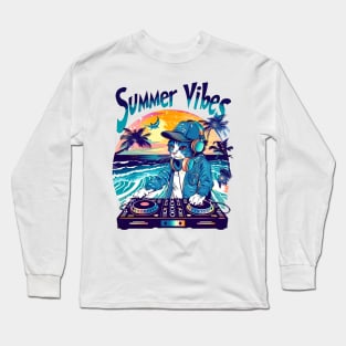 Summer Vibe DJ Cat 80s 90s Kitten Sunset Rainbow Cat Kitty Long Sleeve T-Shirt